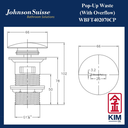 Johnson Suisse Brass Push Up Pop Up Waste With Overflow (WBFT402070CP)