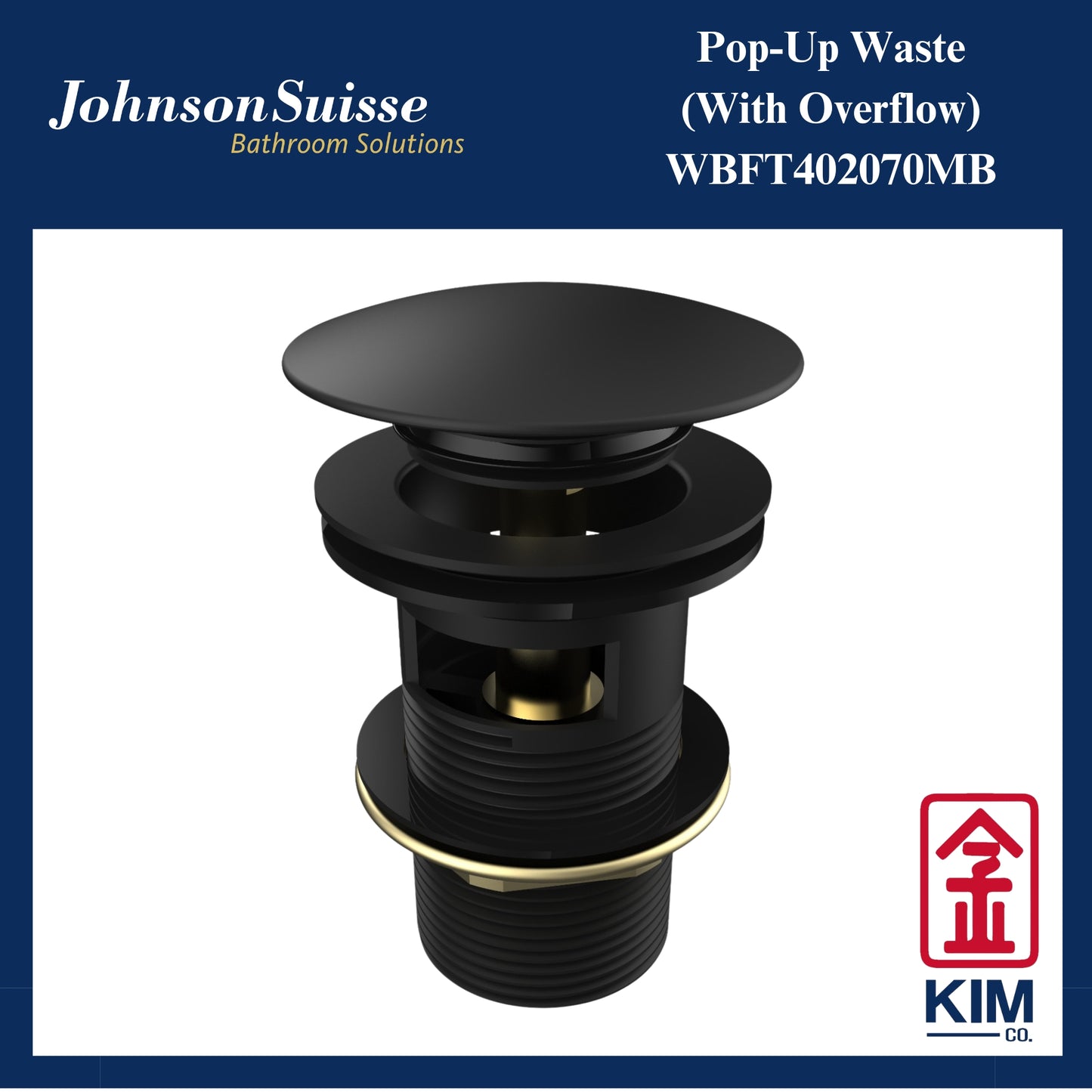 Johnson Suisse Brass Push Up Pop Up Waste With Overflow (Matt Black) (WBFT402070MB)