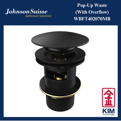 Johnson Suisse Brass Push Up Pop Up Waste With Overflow (Matt Black) (WBFT402070MB)