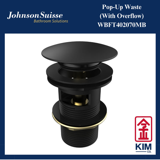 Johnson Suisse Brass Push Up Pop Up Waste With Overflow (Matt Black) (WBFT402070MB)