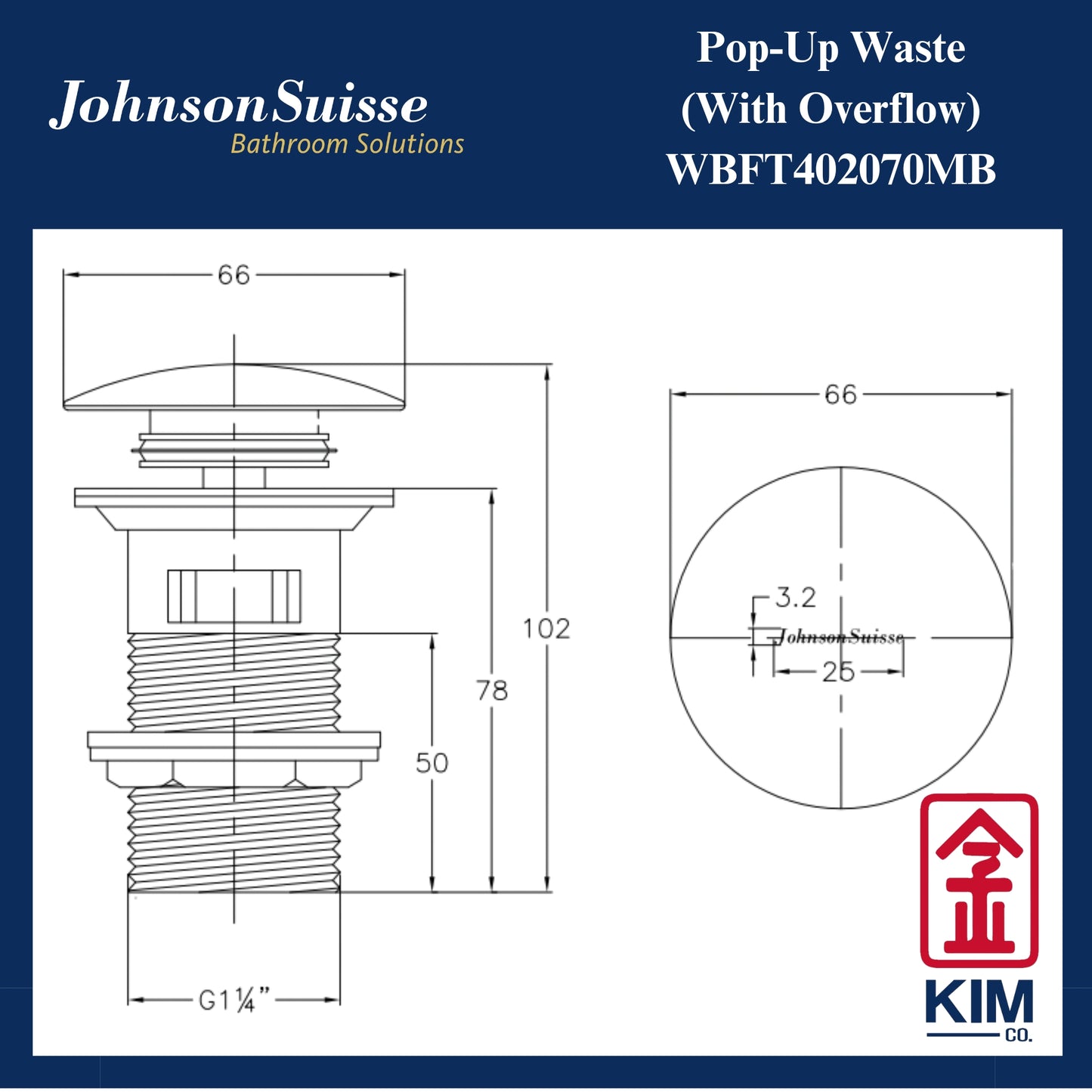 Johnson Suisse Brass Push Up Pop Up Waste With Overflow (Matt Black) (WBFT402070MB)