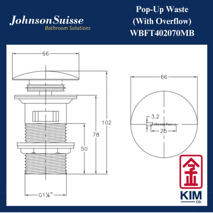 Johnson Suisse Brass Push Up Pop Up Waste With Overflow (Matt Black) (WBFT402070MB)