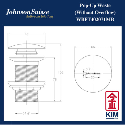 Johnson Suisse Brass Push Up Pop Up Waste Without Overflow (Matt Black) (WBFT402071CP)