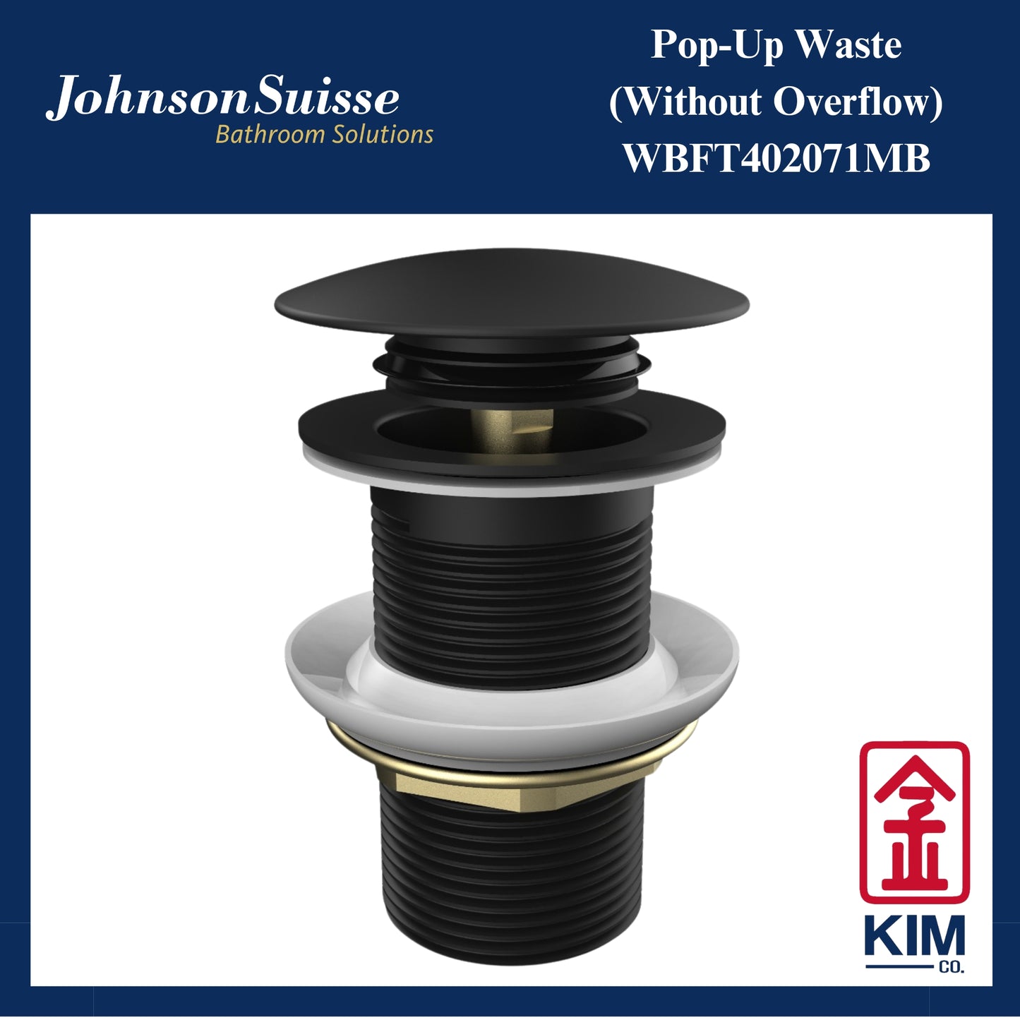 Johnson Suisse Brass Push Up Pop Up Waste Without Overflow (Matt Black) (WBFT402071CP)