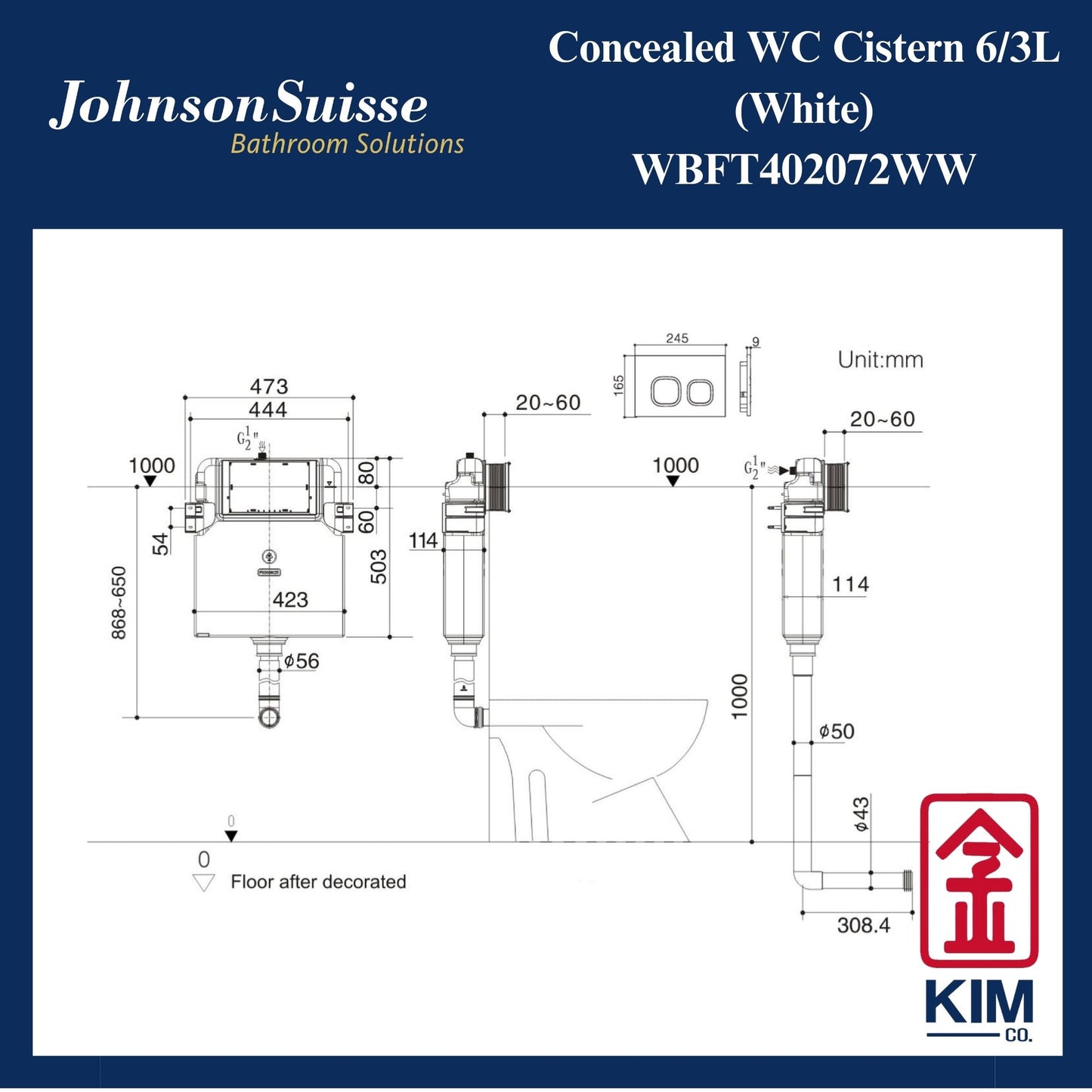 Johnson Suisse 6/3L  Concealed Cistern (White) (WBFT402072WW)