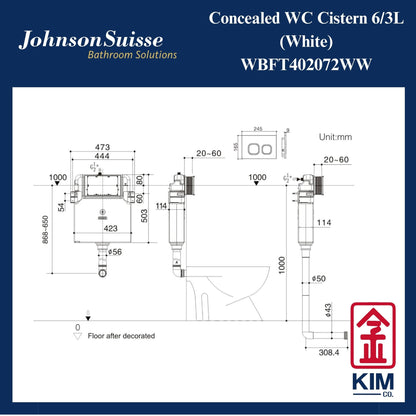 Johnson Suisse 6/3L  Concealed Cistern (White) (WBFT402072WW)