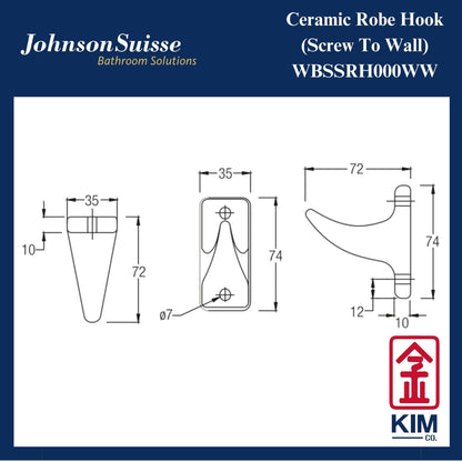 Johnson Suisse Ceramic Screw To Wall Robe Hook (WBSSRH000WW)