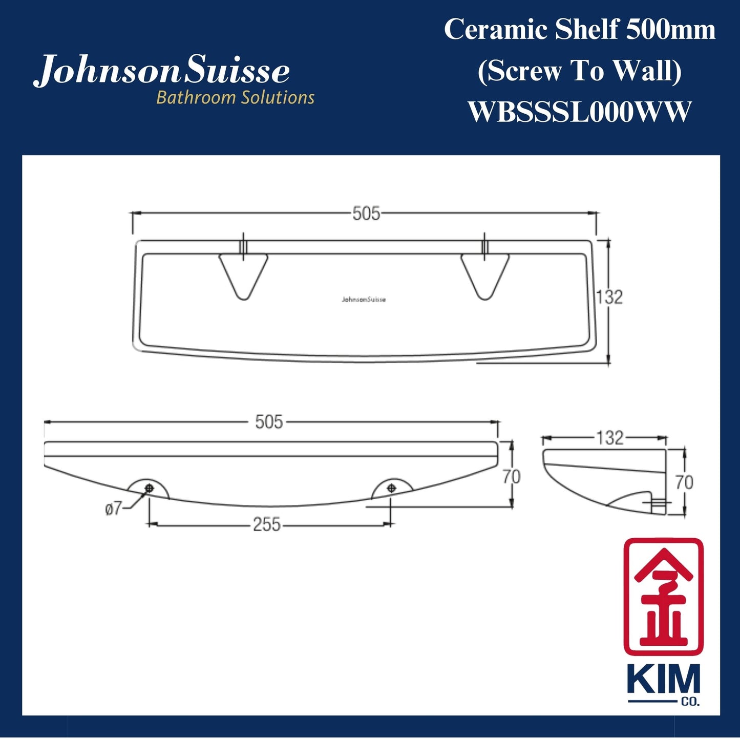 Johnson Suisse Ceramic Screw To Wall Shelf 500mm (WBSSSL000WW)