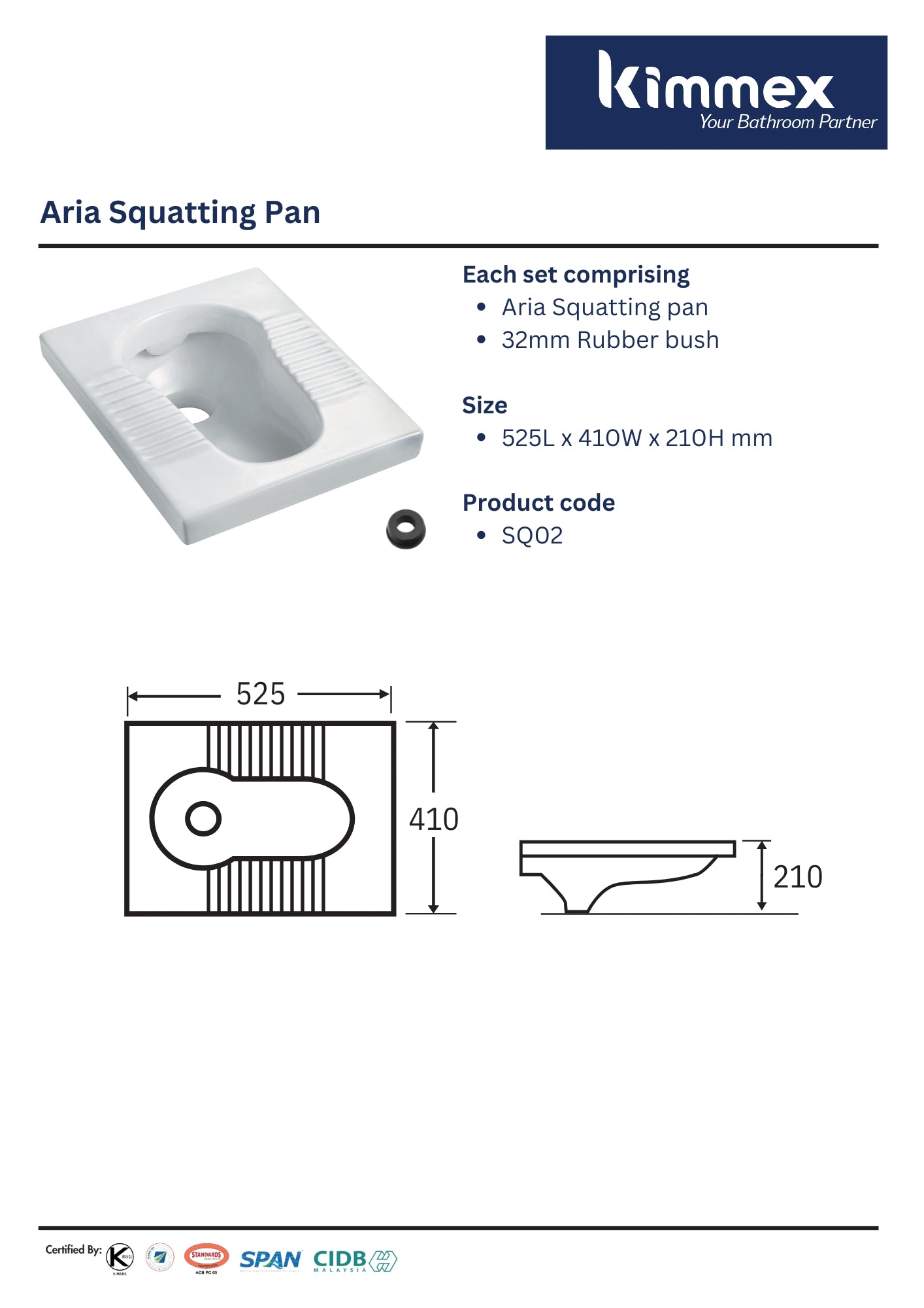 kimmex Aria Ceramic Squatting Pan (SQ02) (Without Trap)
