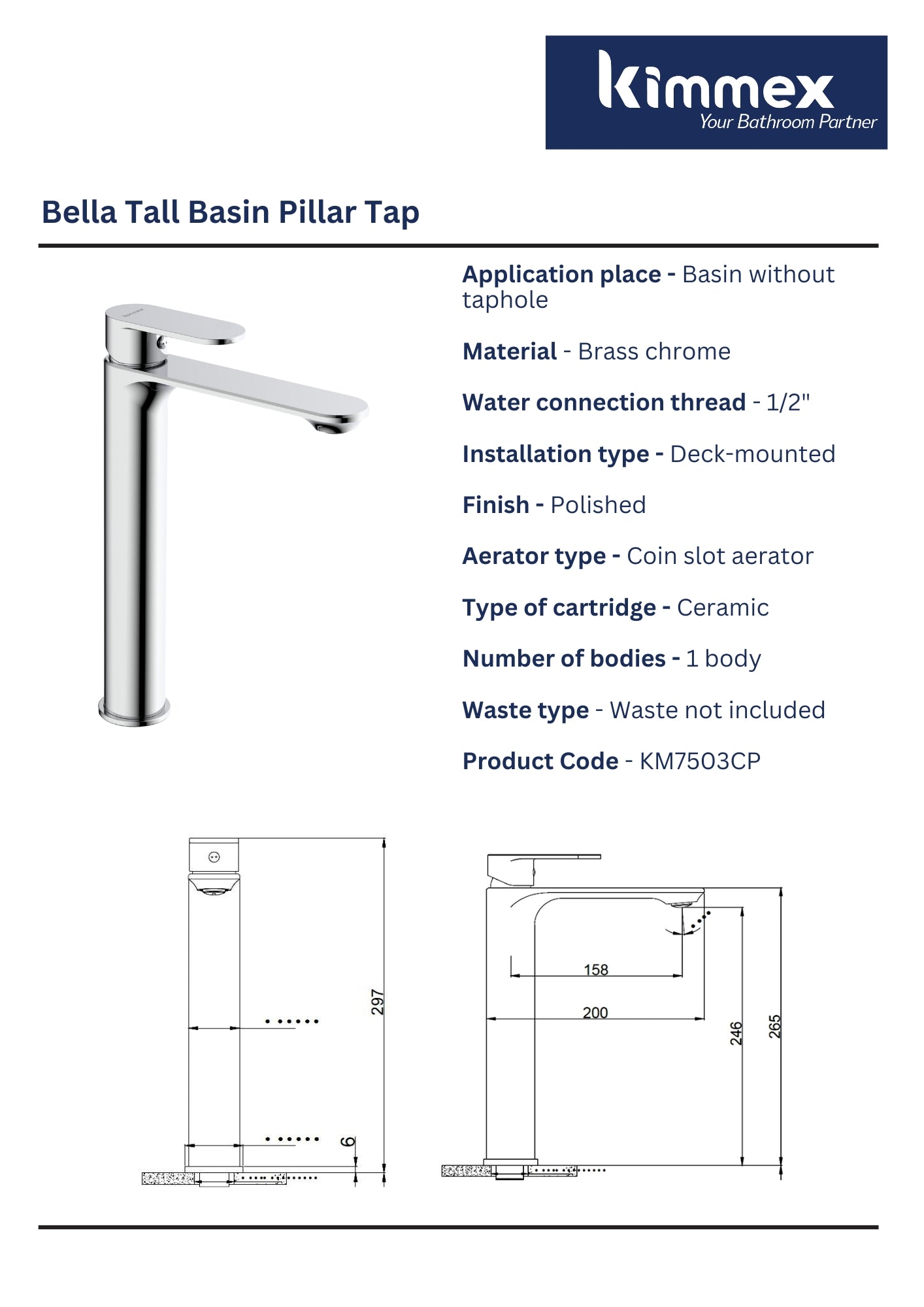 kimmex Bella Tall Basin Pillar Tap (KM74503CP)