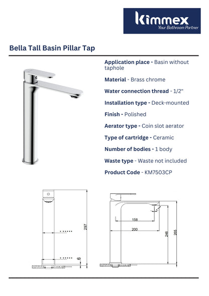 kimmex Bella Tall Basin Pillar Tap (KM74503CP)