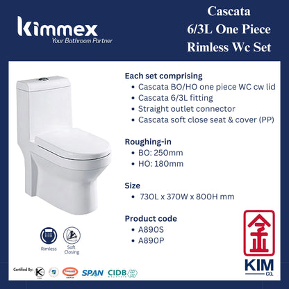 kimmex Cascata 6/3L Rimless One Piece Wc Set Cw Pp Soft Close Seat & Cover