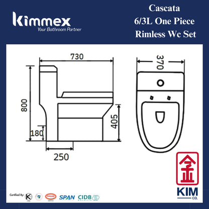 kimmex Cascata 6/3L Rimless One Piece Wc Set Cw Pp Soft Close Seat & Cover