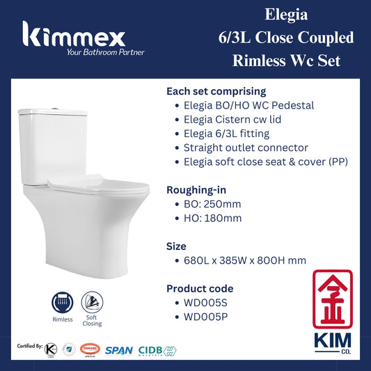 kimmex Elegia 6/3L Rimless Wc Set Cw Pp Soft Close Seat & Cover