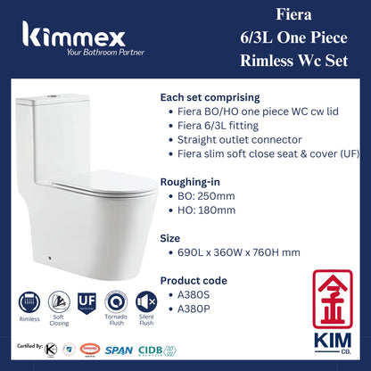 kimmex Fiera 6/3L Rimless One Piece Wc Set Cw UF Soft Close Seat & Cover
