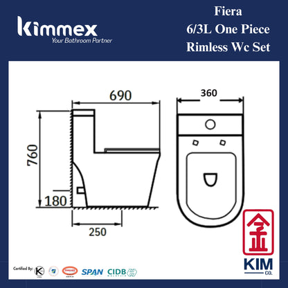 kimmex Fiera 6/3L Rimless One Piece Wc Set Cw UF Soft Close Seat & Cover