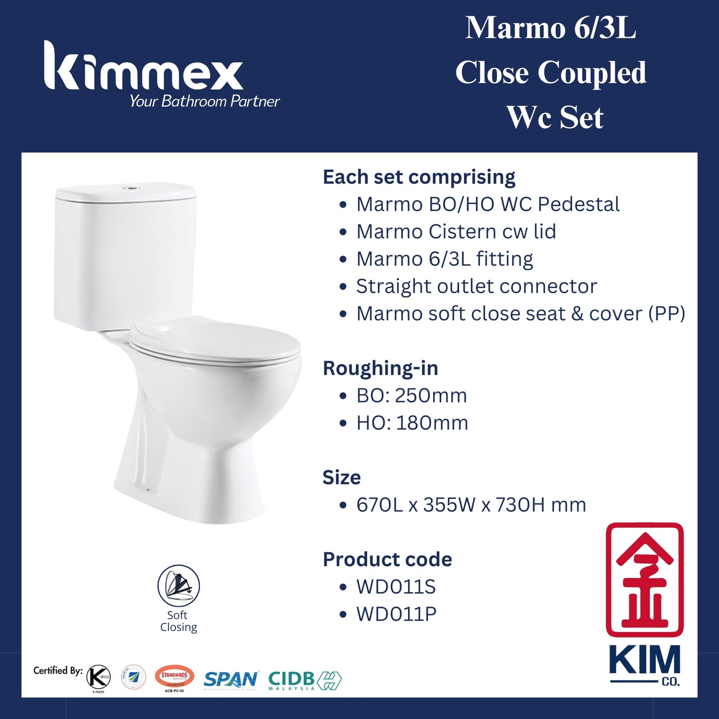 kimmex Marmo 6/3L Wc Set Cw Pp Soft Close Seat & Cover