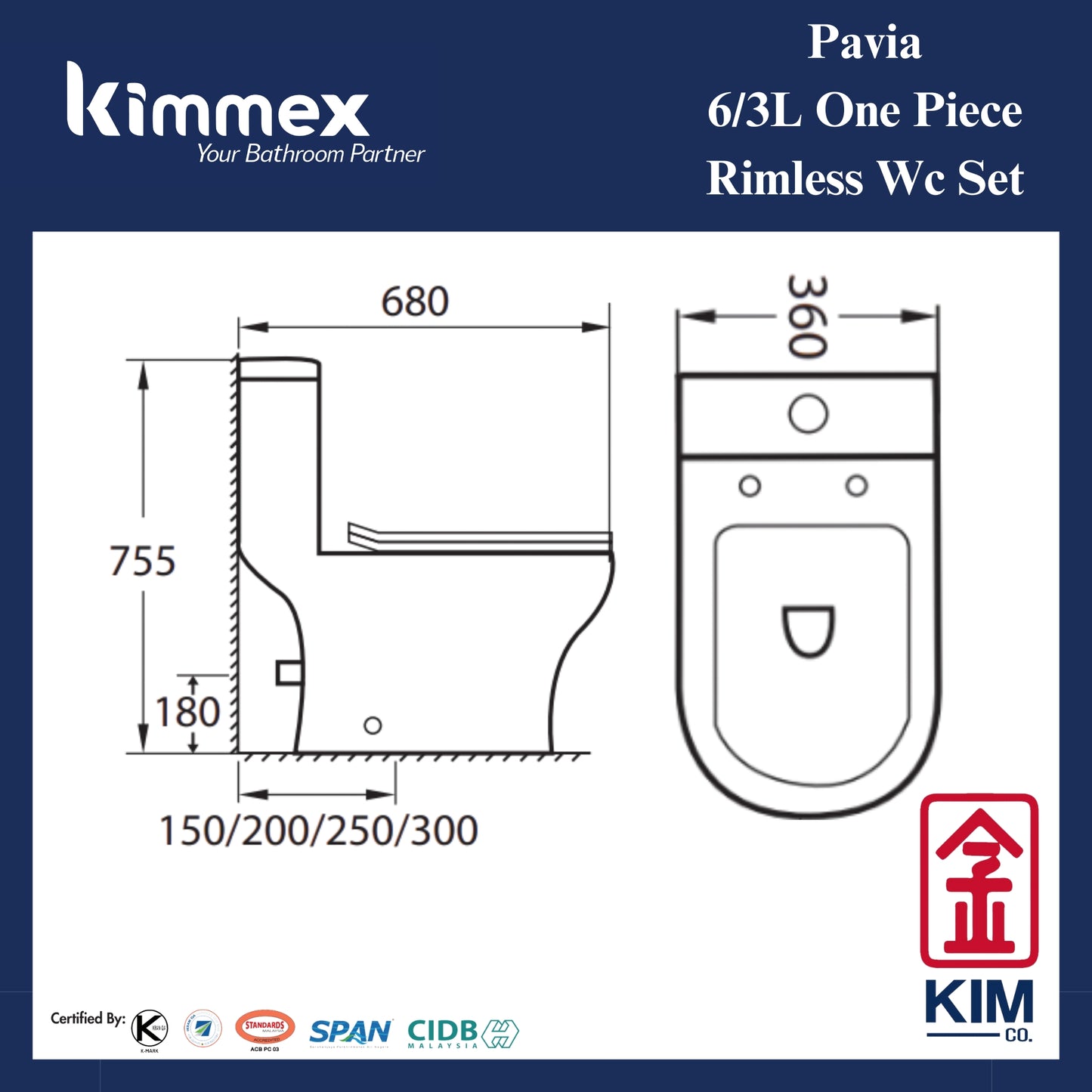 kimmex Pavia 6/3L Rimless One Piece Wc Set Cw PP Soft Close Seat & Cover