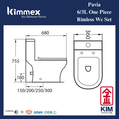 kimmex Pavia 6/3L Rimless One Piece Wc Set Cw PP Soft Close Seat & Cover