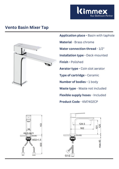 kimmex Vento Basin Mixer Without Pop Up Waste (KM7402CP)