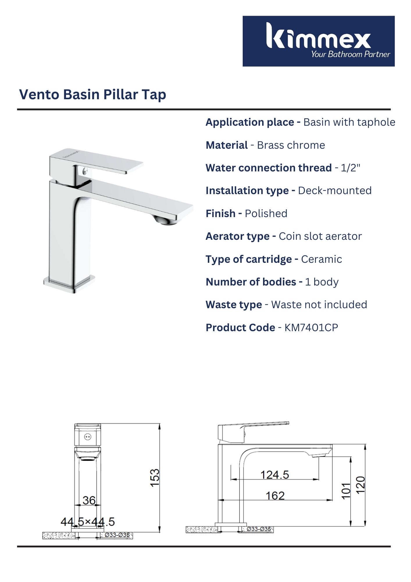 kimmex Vento Basin Pillar Tap (KM7401CP)