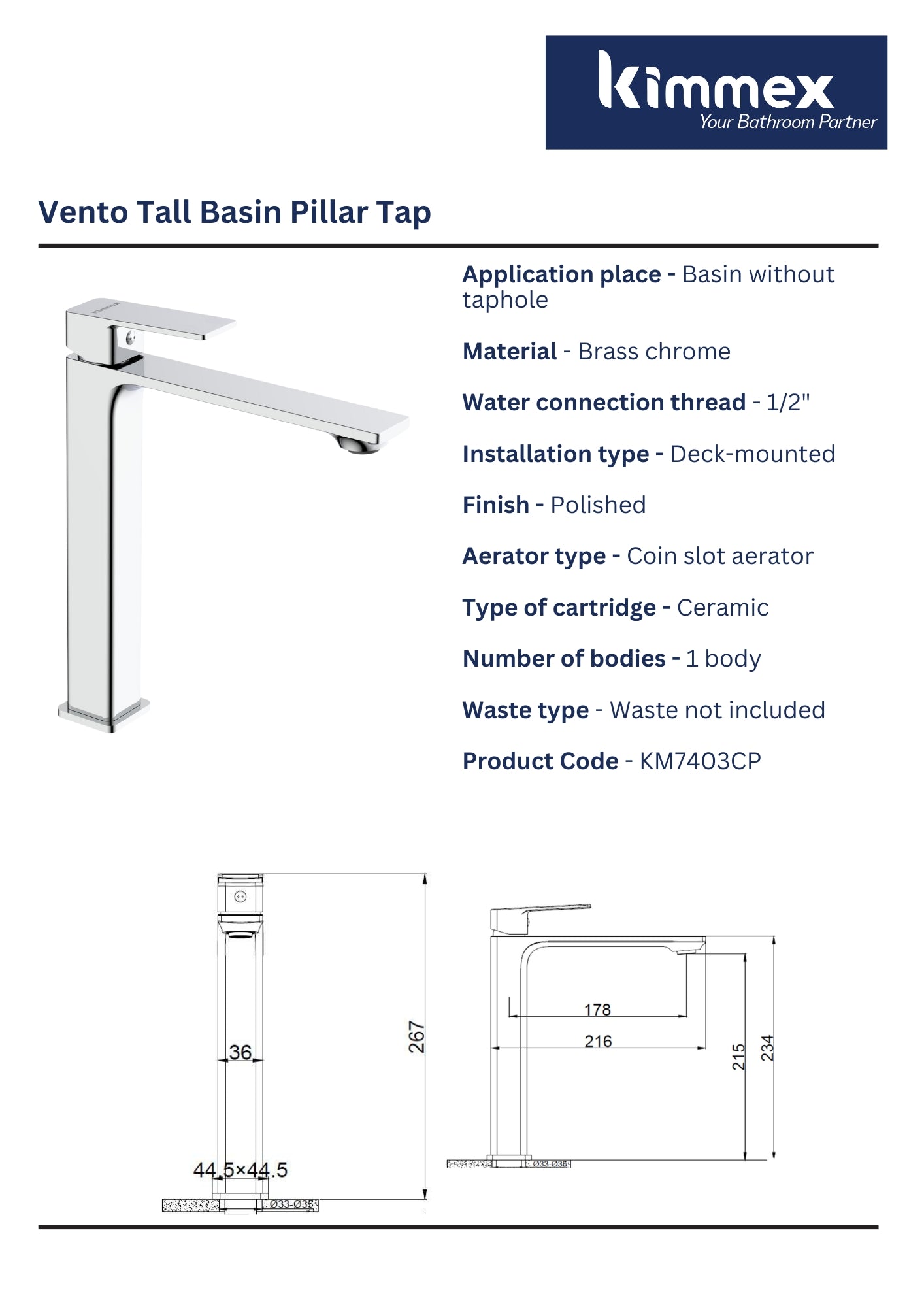 kimmex Vento Tall Basin Pillar Tap (KM7403CP)