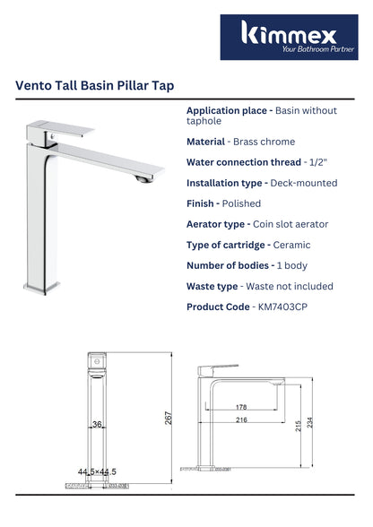 kimmex Vento Tall Basin Pillar Tap (KM7403CP)