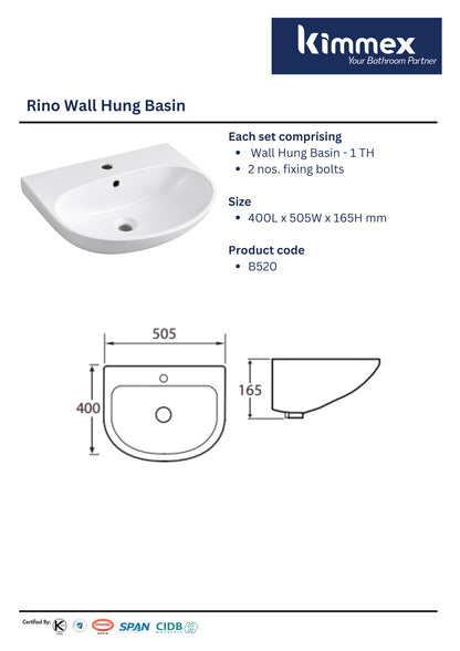 kimmex Rino Wall Hung Basin Set (B520)