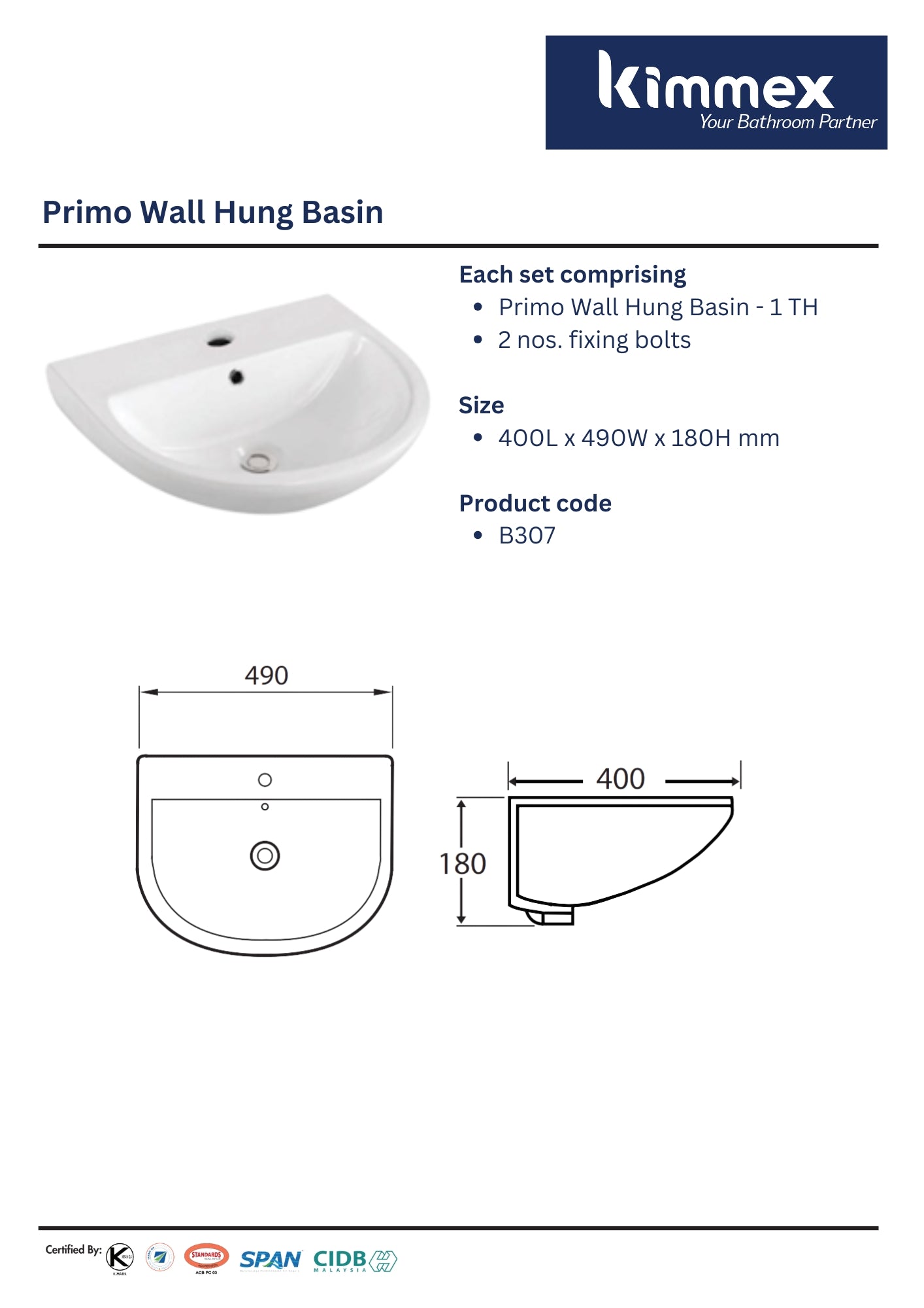 kimmex Primo Wall Hung Basin Set (B307)