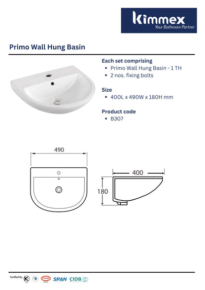 kimmex Primo Wall Hung Basin Set (B307)