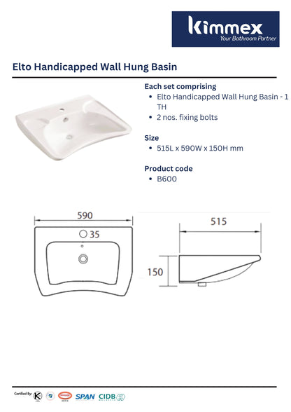 kimmex Elto Handicapped Wall Hung Basin Set (B600)
