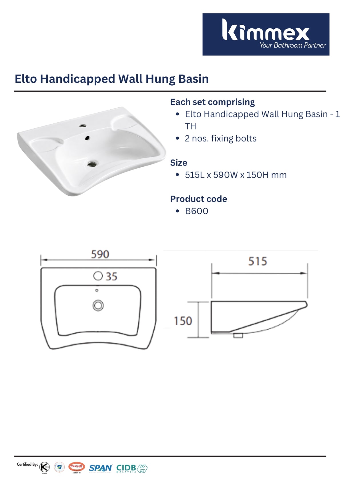 kimmex Elto Handicapped Wall Hung Basin Set (B600)