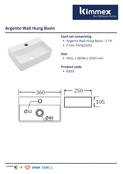 kimmex Argento Wall Hung Basin (B302)