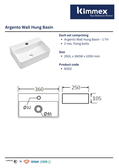kimmex Argento Wall Hung Basin (B302)