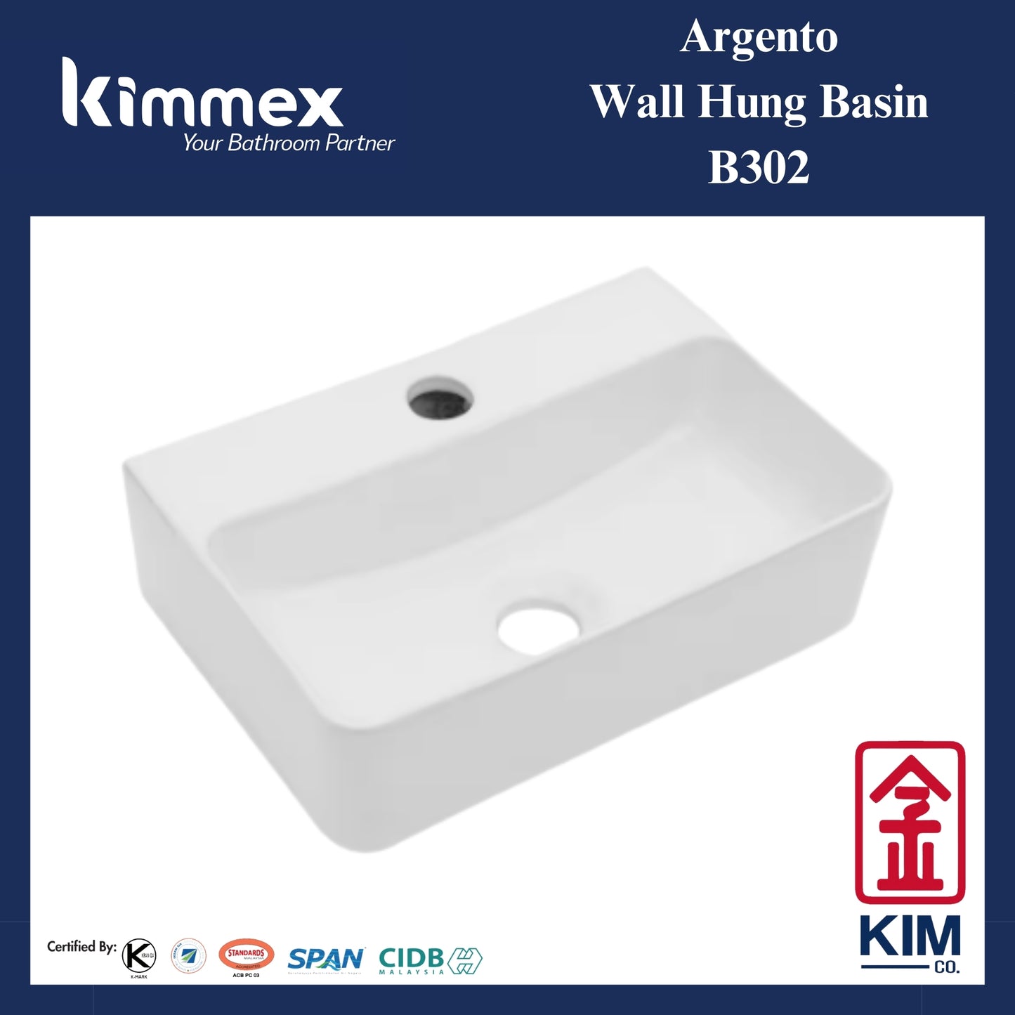 kimmex Argento Wall Hung Basin (B302)