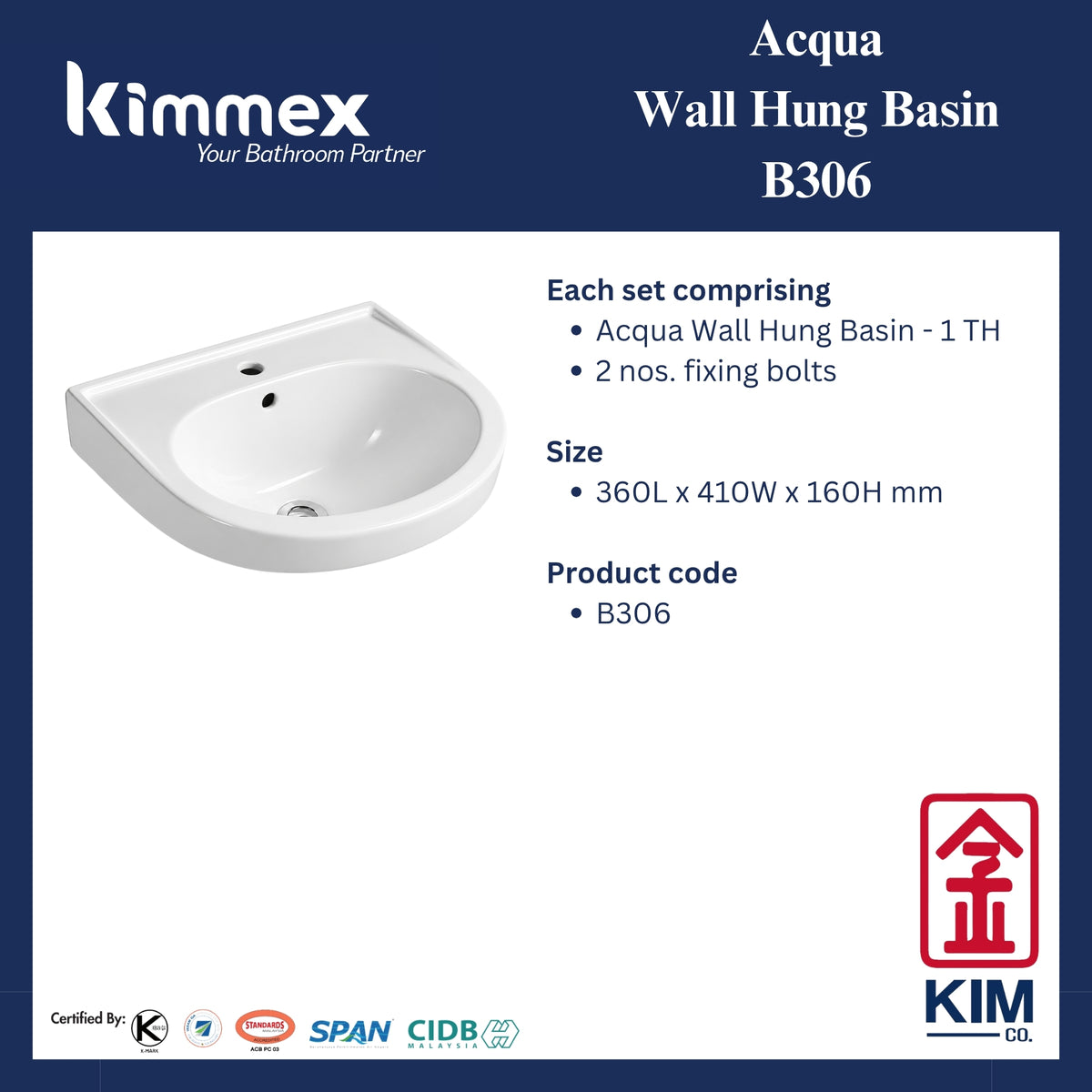 kimmex Acqua Wall Hung Basin Set (B306)