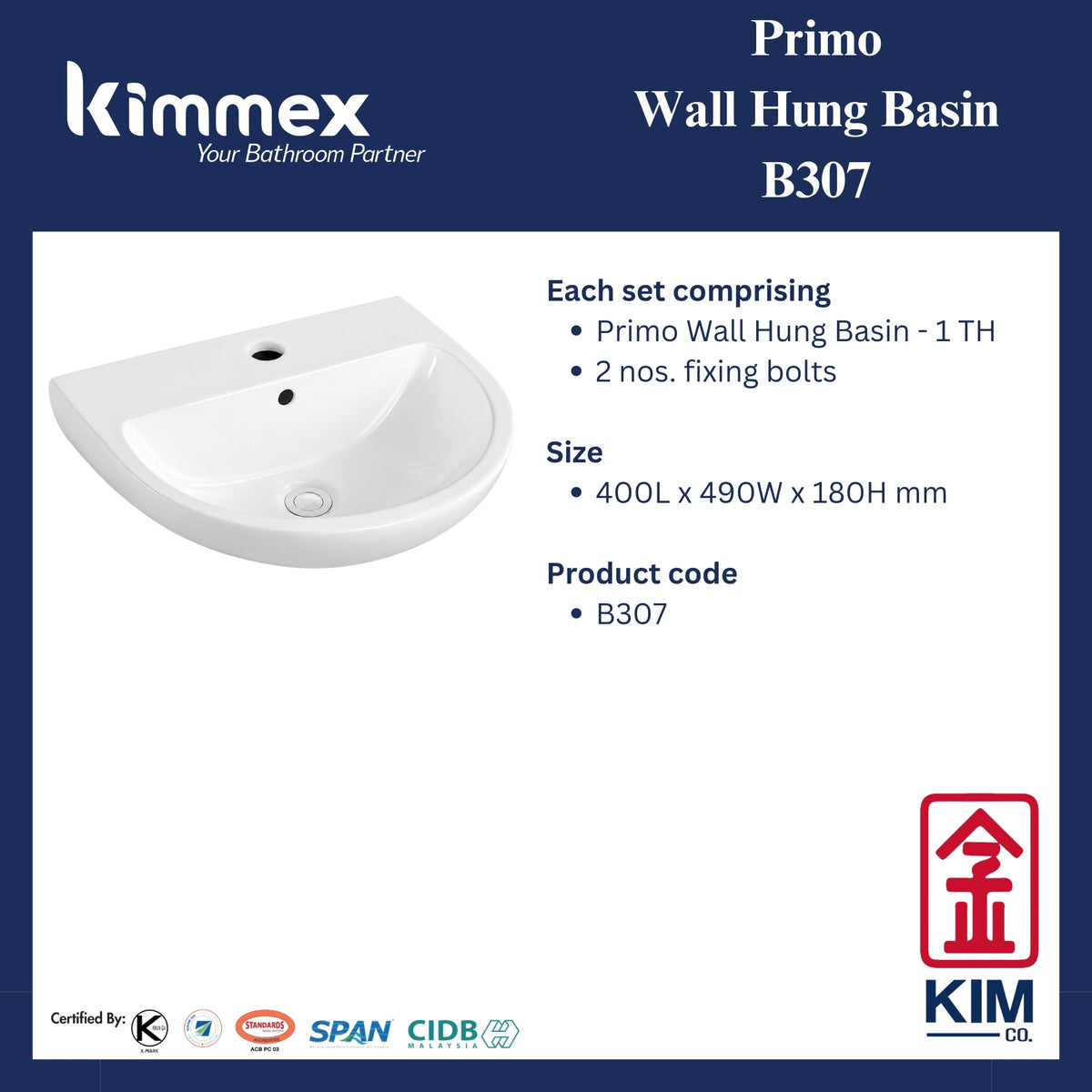 kimmex Primo Wall Hung Basin Set (B307)