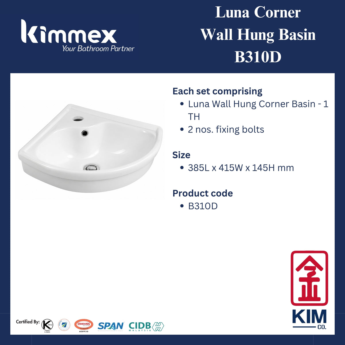 kimmex Luna Wall Hung Corner Basin Set (B310D)