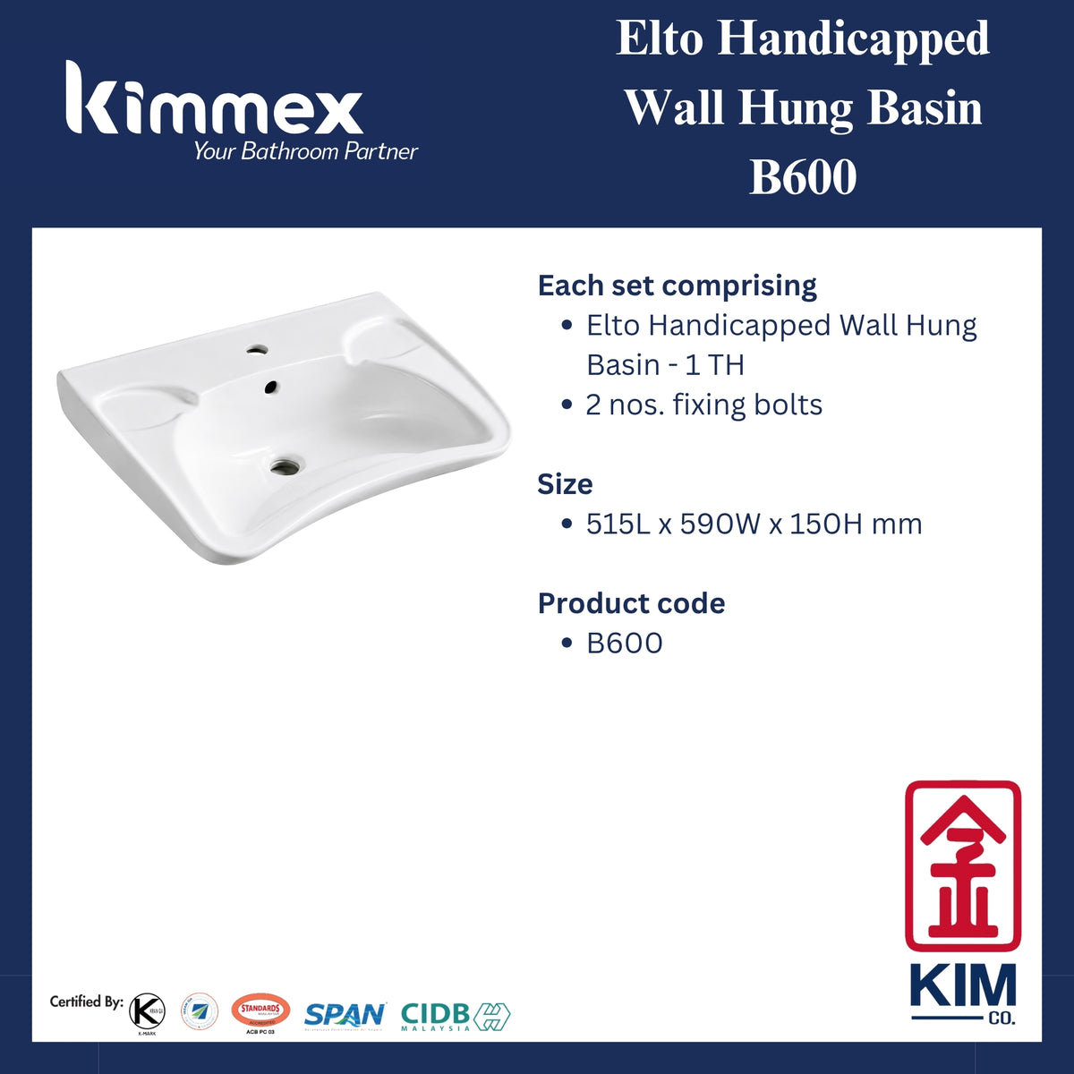 kimmex Elto Handicapped Wall Hung Basin Set (B600)