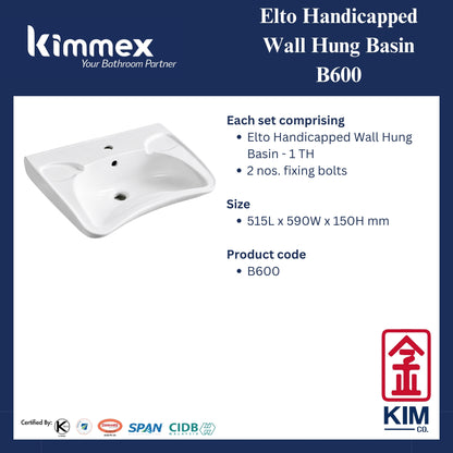 kimmex Elto Handicapped Wall Hung Basin Set (B600)