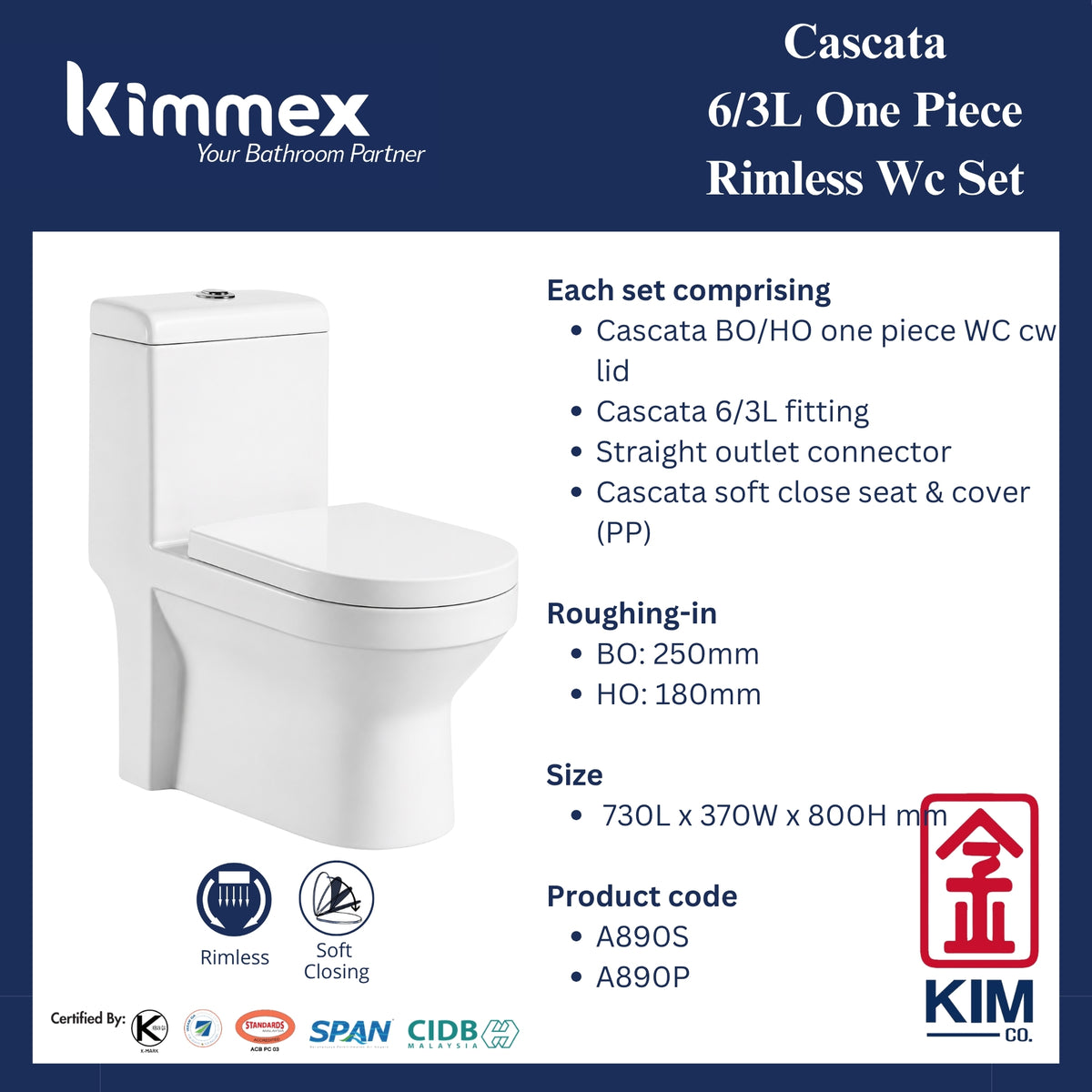 kimmex Cascata 6/3L Rimless One Piece Wc Set Cw Pp Soft Close Seat & Cover
