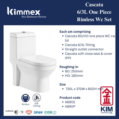 kimmex Cascata 6/3L Rimless One Piece Wc Set Cw Pp Soft Close Seat & Cover
