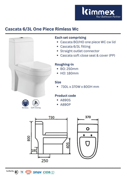 kimmex Cascata 6/3L Rimless One Piece Wc Set Cw Pp Soft Close Seat & Cover