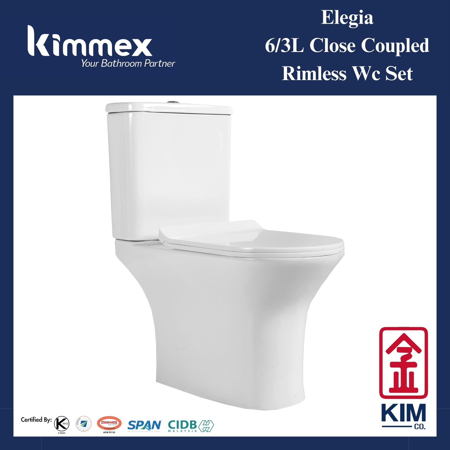 kimmex Elegia 6/3L Rimless Wc Set Cw Pp Soft Close Seat & Cover
