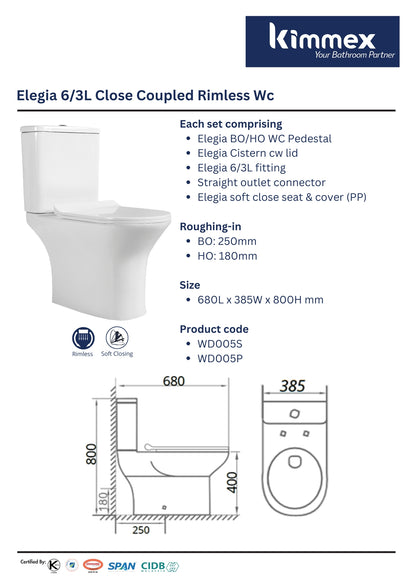 kimmex Elegia 6/3L Rimless Wc Set Cw Pp Soft Close Seat & Cover