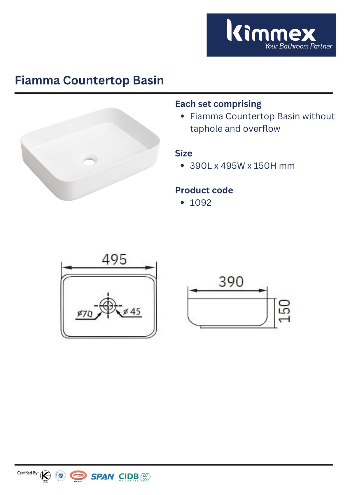 kimmex Fiamma Countertop Basin (1092)