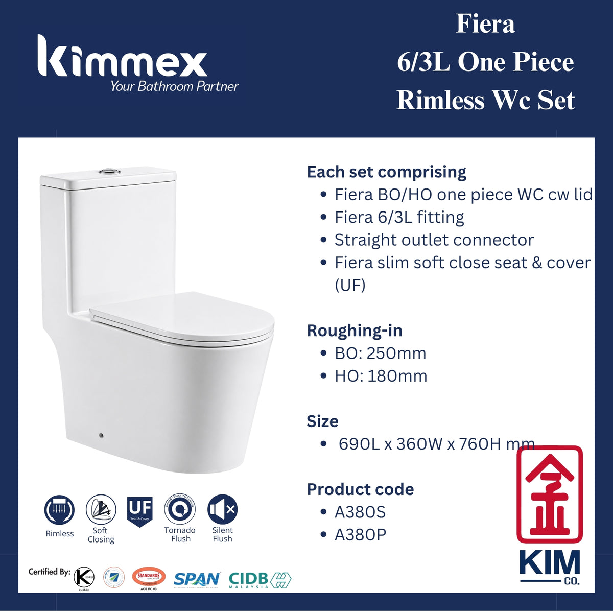 kimmex Fiera 6/3L Rimless One Piece Wc Set Cw UF Soft Close Seat & Cover