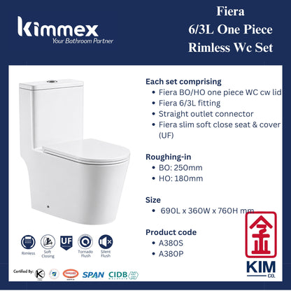 kimmex Fiera 6/3L Rimless One Piece Wc Set Cw UF Soft Close Seat & Cover