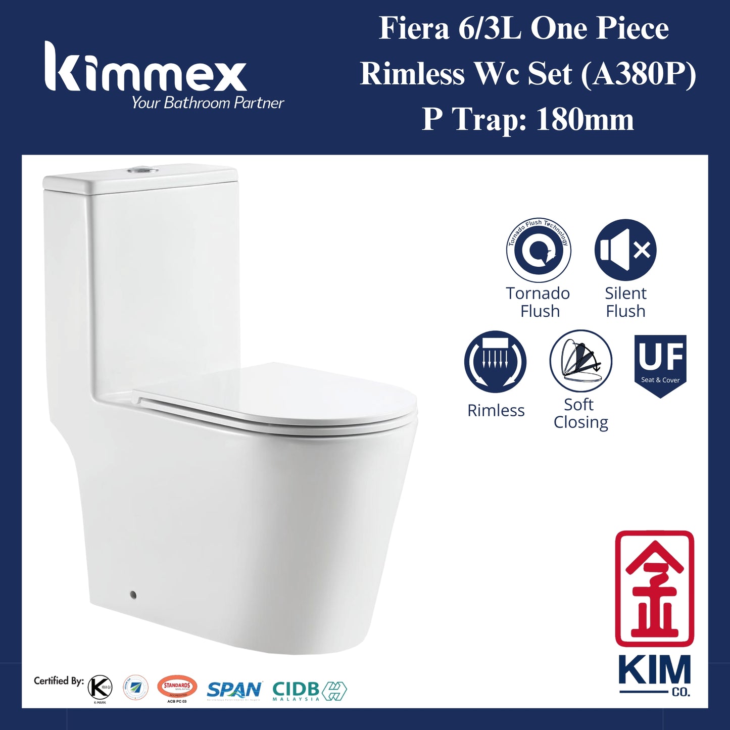 kimmex Fiera 6/3L Rimless One Piece Wc Set Cw UF Soft Close Seat & Cover