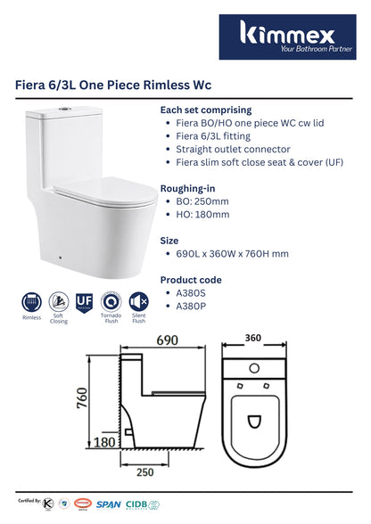 kimmex Fiera 6/3L Rimless One Piece Wc Set Cw UF Soft Close Seat & Cover